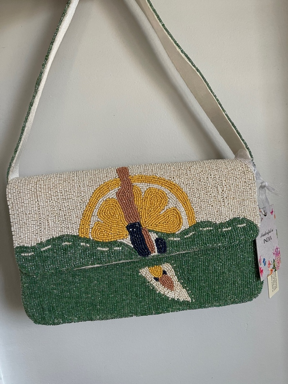 NEW swim Beaded Green and Cream Shoulder Bag